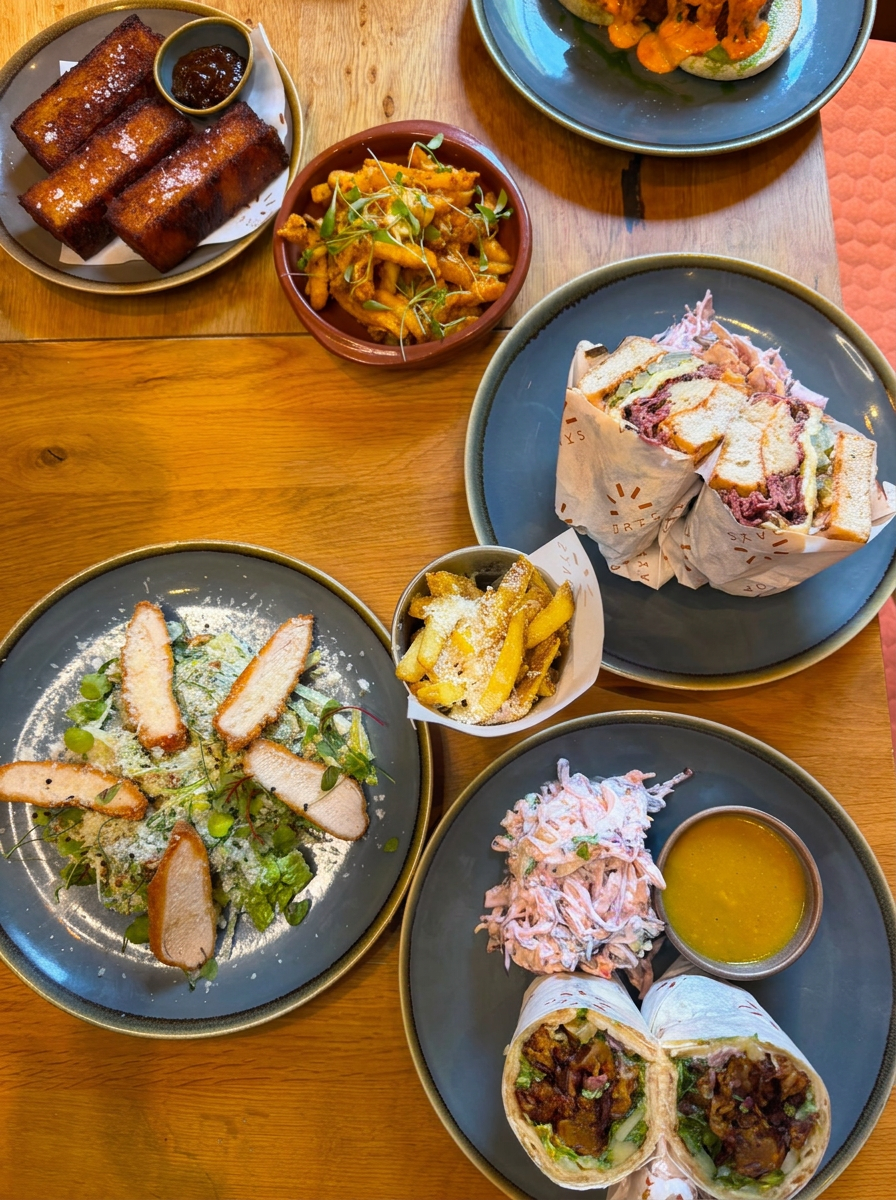 A table at Days York laid with sandwiches, wraps, loaded fries, chicken salad and sides